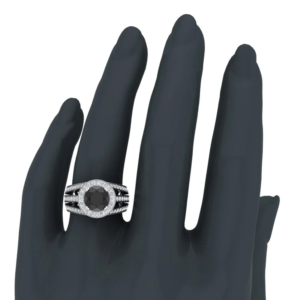 14K White Gold Black Diamond Engagement Ring 4.55 Carat Round Cut Halo W658160