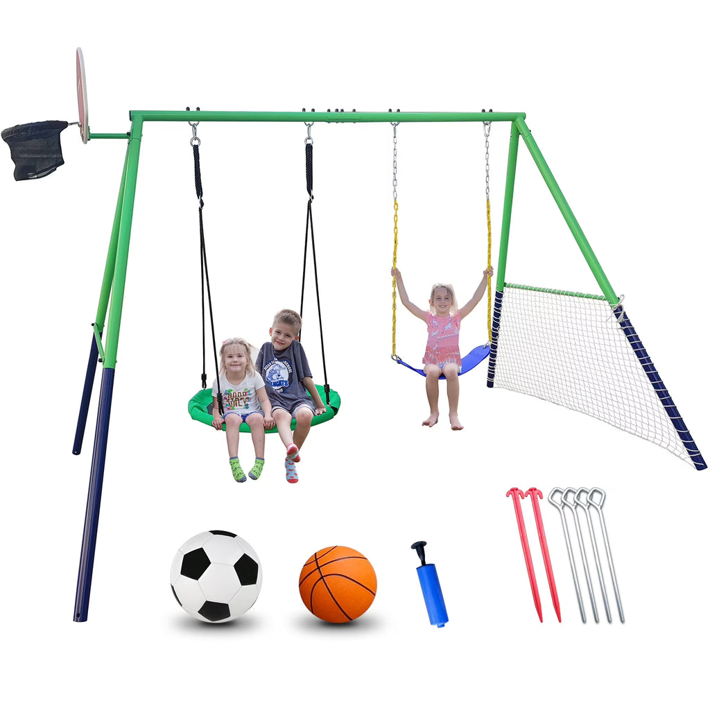 Swing Set with 32in Saucer Swing, EVA Swing Seat, Kids Basketball Hoop, Soccer Net, 440lbs Heavy Duty Anti-Rust Steel A-Frame A4642