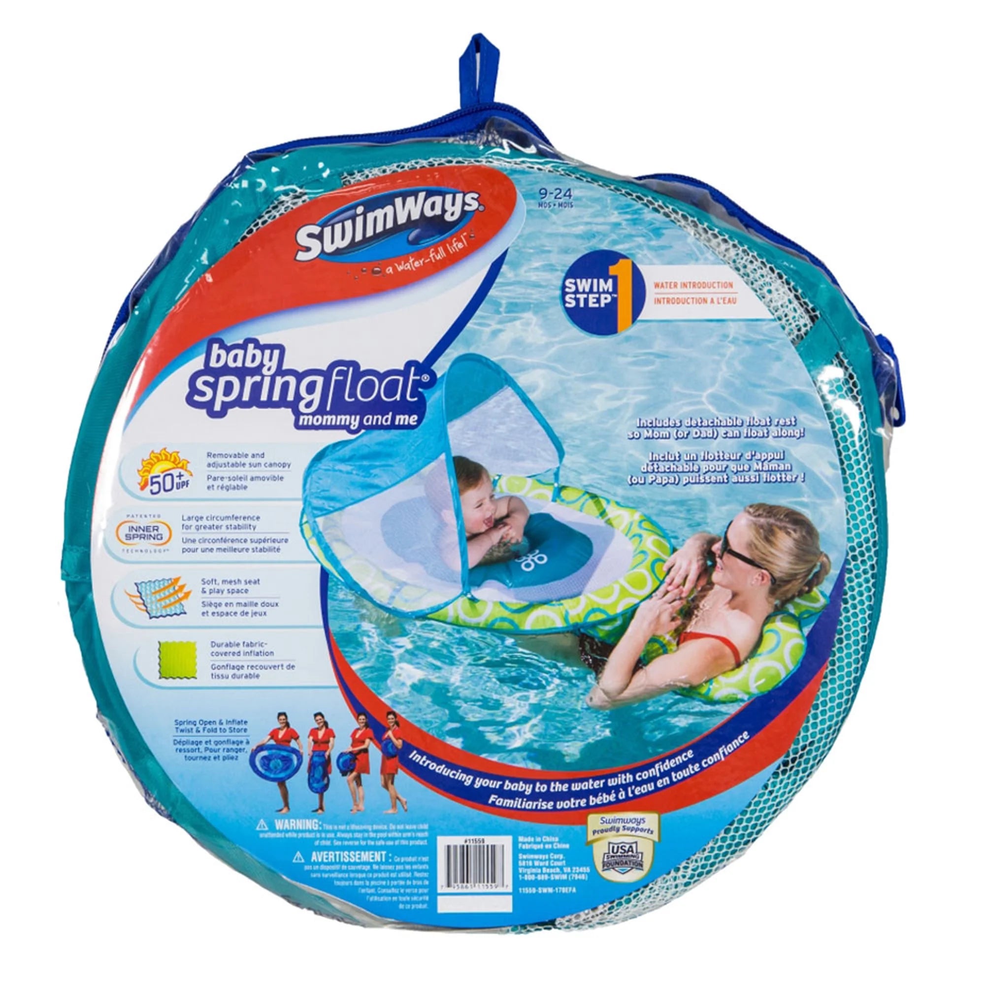 Green/Blue Inflatable Baby Spring Float with Removable UPF 50 Sun Canopy D2449