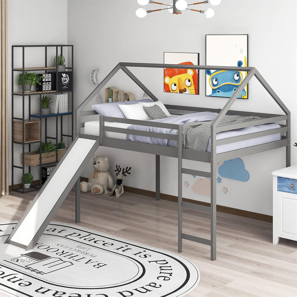 White Wood Twin Loft Bed with Slide and Staircase Storage E397374