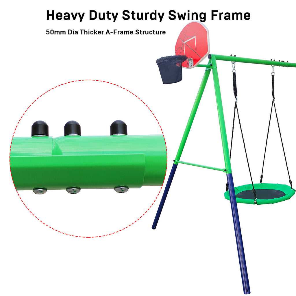 Swing Set with 32in Saucer Swing, EVA Swing Seat, Kids Basketball Hoop, Soccer Net, 440lbs Heavy Duty Anti-Rust Steel A-Frame A4642
