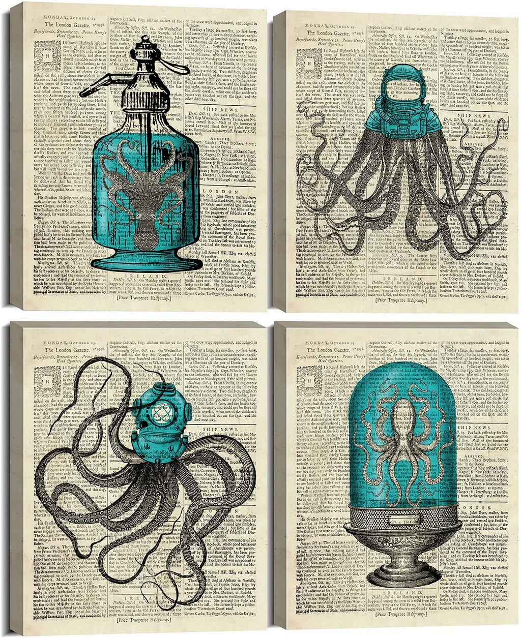 Octopus Nautical Bathroom Wall Decor, 8x10 inch Set of 4 Canvas Wall Art P2407