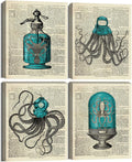 Octopus Nautical Bathroom Wall Decor, 8x10 inch Set of 4 Canvas Wall Art P2407