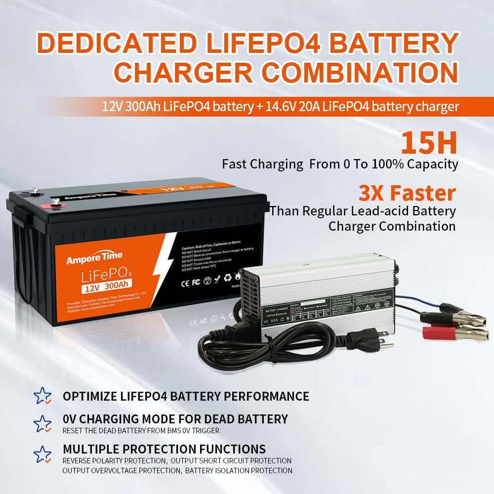 12V 300Ah LiFePO4 Battery with 14.6V 20A Lithium Battery Charger Q2666