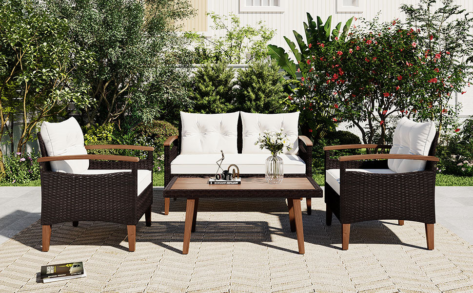 4-Piece PE Rattan Outdoor Sofa Set with Wood Table and Legs J1600