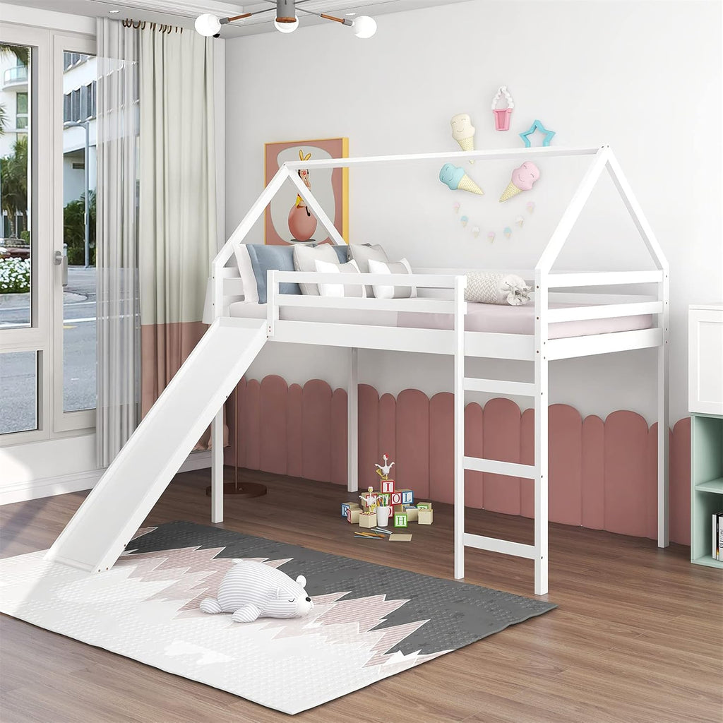 White Wood Twin Loft Bed with Slide and Staircase Storage E397374