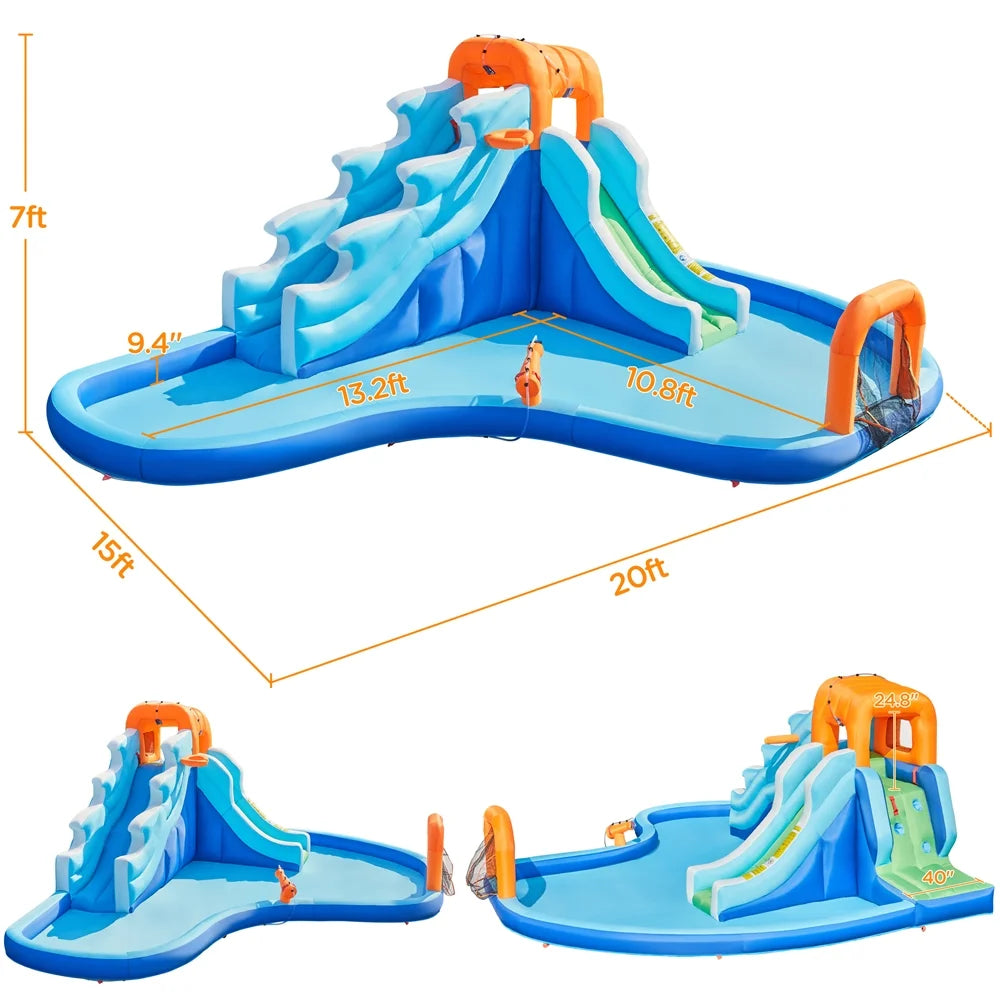 6-in-1 Dual Lane Inflatable Water Slide with 650 W Blower O296