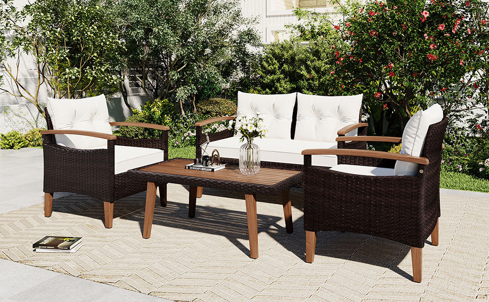 4-Piece PE Rattan Outdoor Sofa Set with Wood Table and Legs J1600